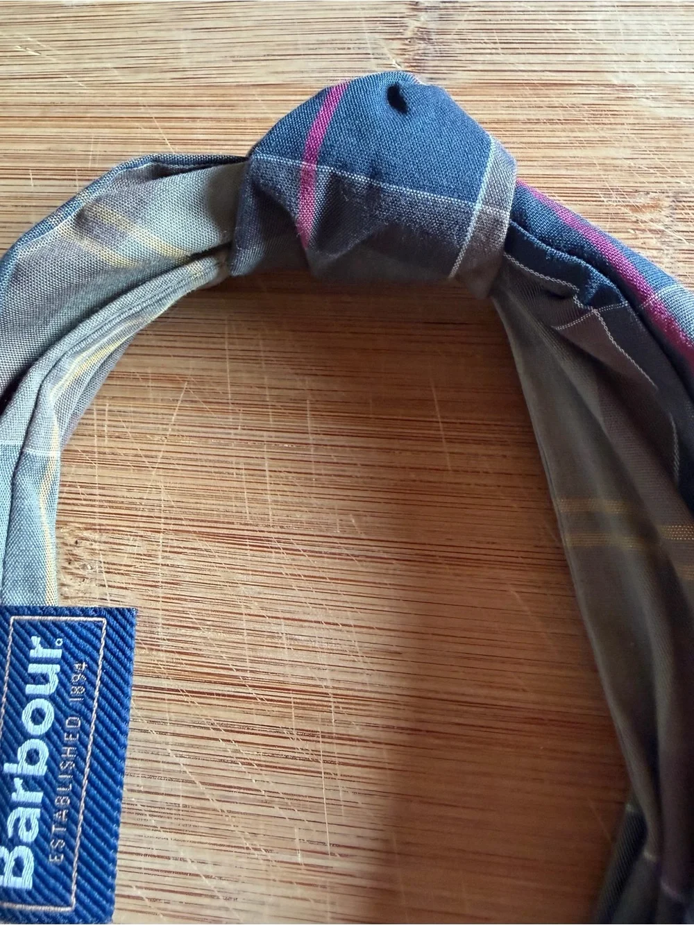 Barbour Olive and Navy Plaid Knotted Headband with Pink Stripe